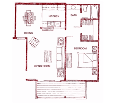 Floor plan for 1 bed, 1 bath, 760 sqft
